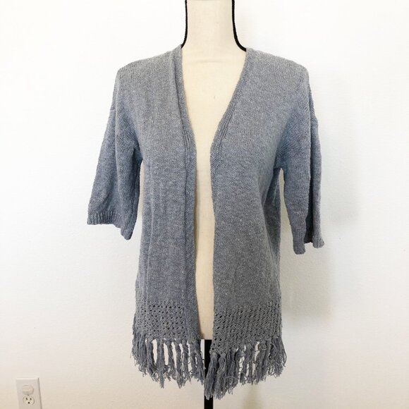 LOFT Blue Open Front Tassel Fringe Short Sleeve Cardigan Sweater Womens XS - Picture 1 of 8